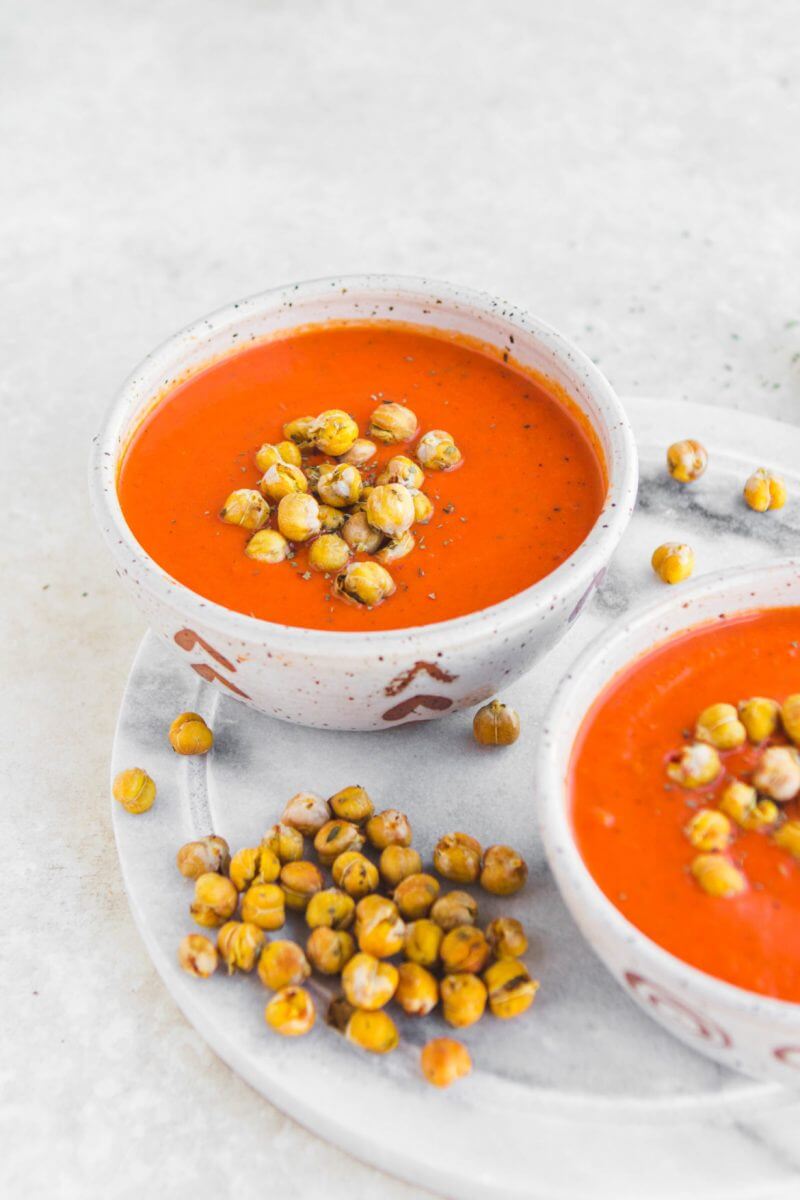 Tomato Roasted Red Pepper Soup Basil Chickpeas Vegan FromMyBowl 4