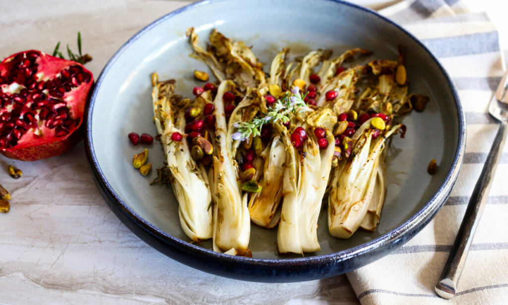 Roasted Chicory with Pistachios and Pomegranates