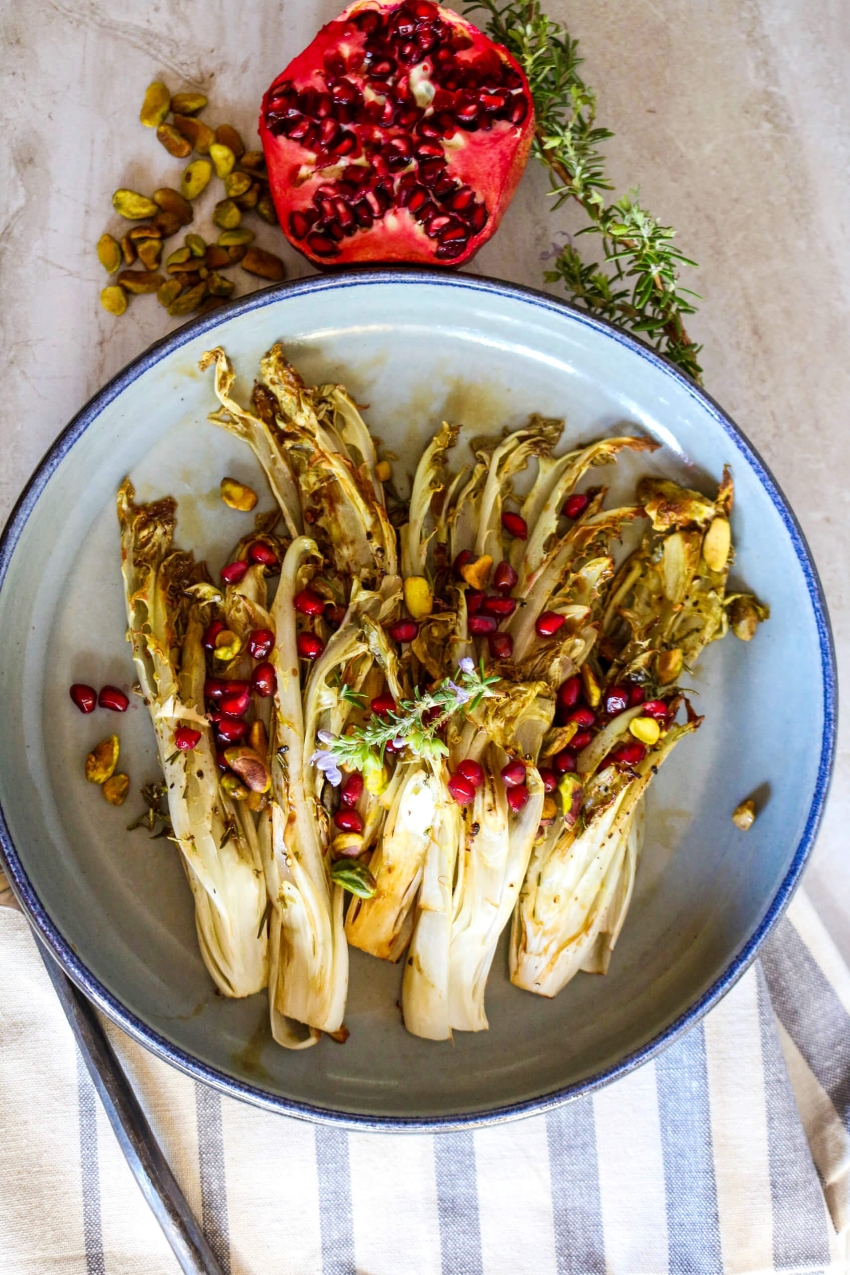 Roasted Chicory with Pistachios and Pomegranates