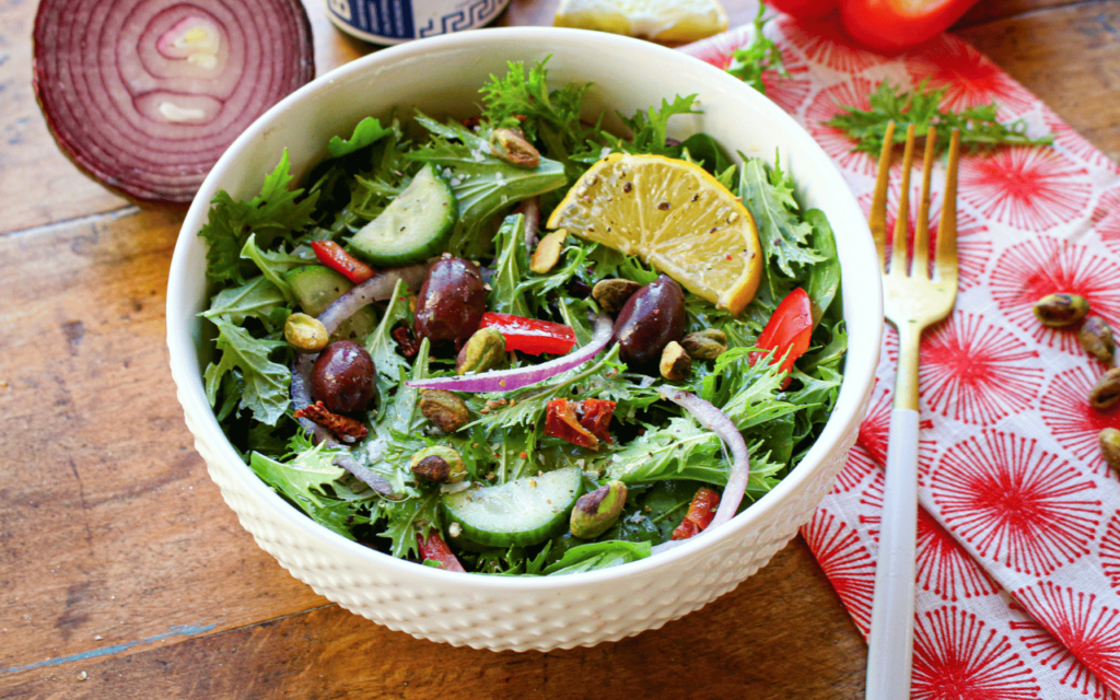 Greek Mizuna Salad with Sumac Spice Vinaigrette