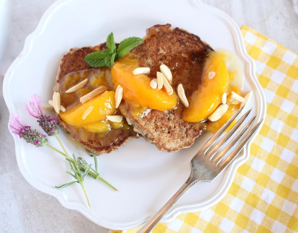 Almond Buckwheat Pancakes with Gingered Peaches