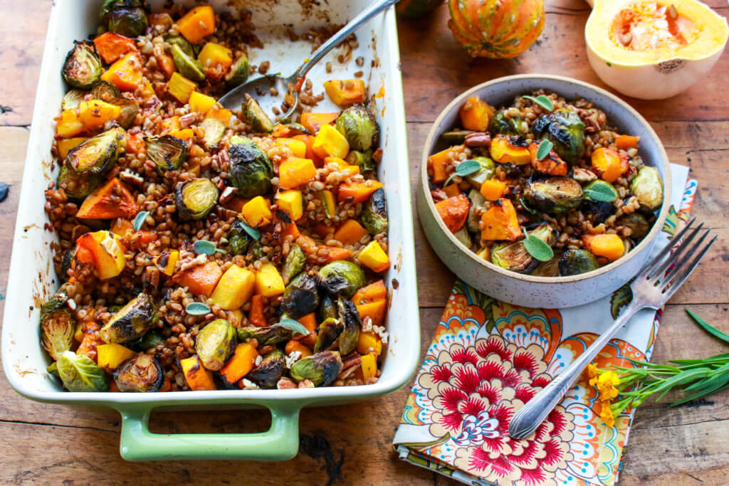 Balsamic Roasted Butternut Squash and Brussel Sprouts with Farro