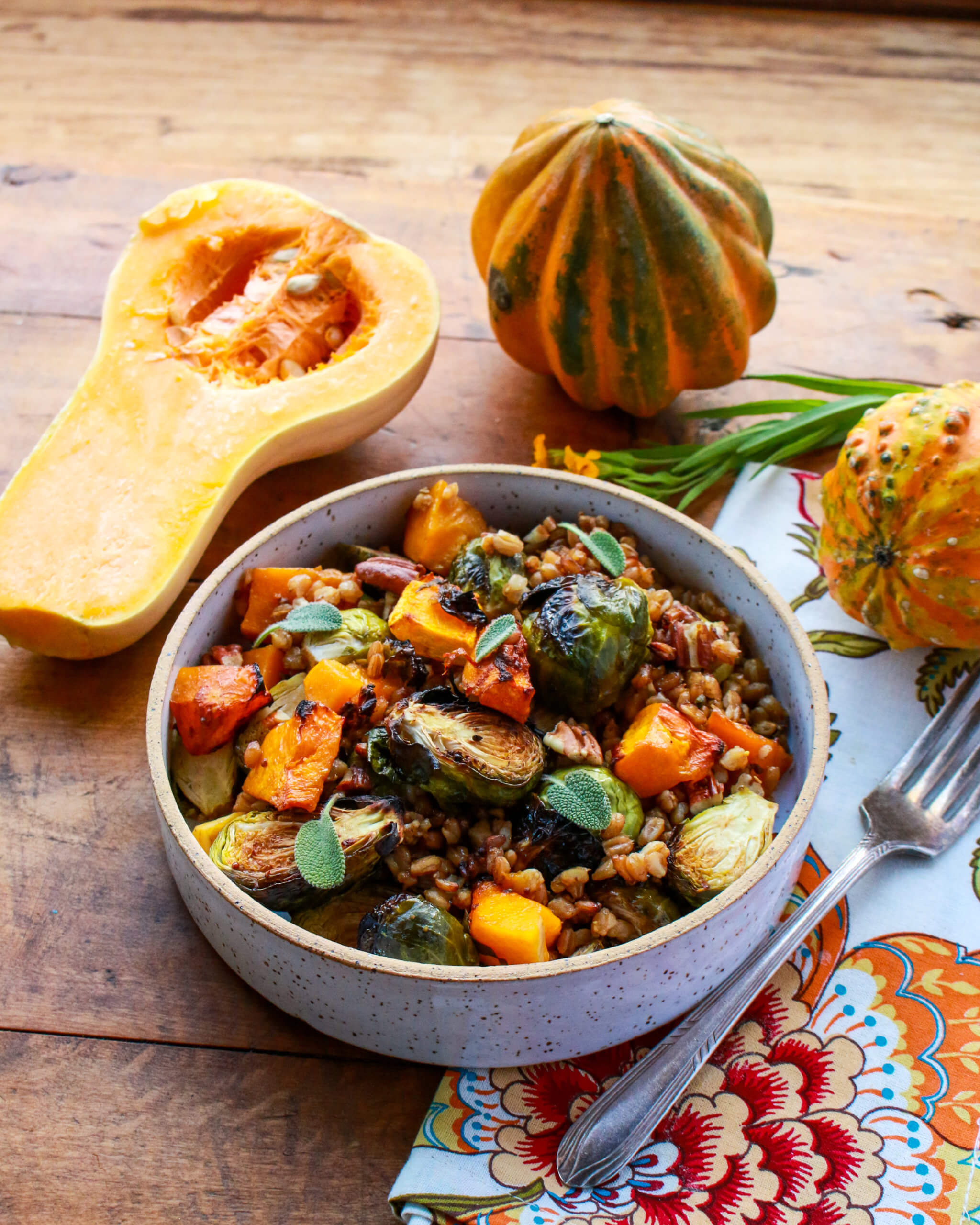 Balsamic Roasted Butter Squash and Brussels Sprouts with Farro