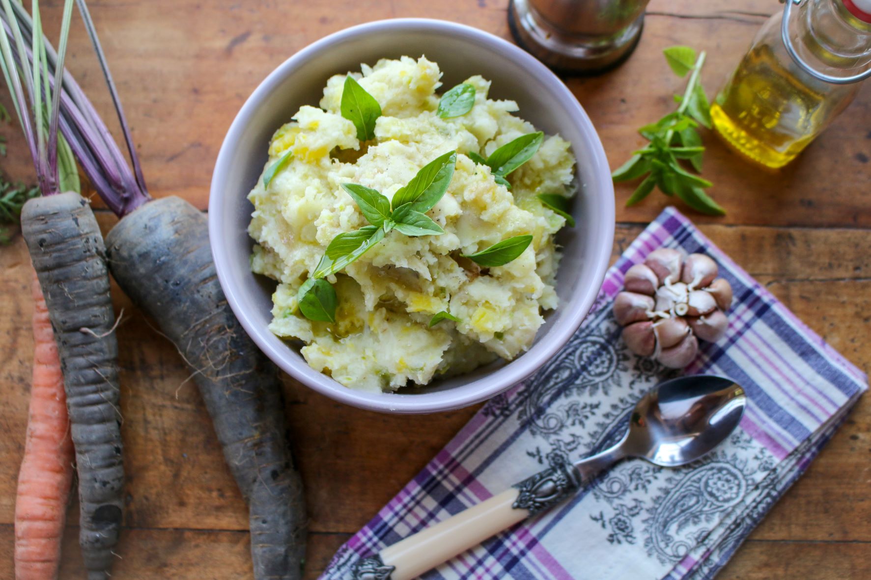 Mashed Potatoes and Heirloom Carrots with Basil Garlic and Olive Oil