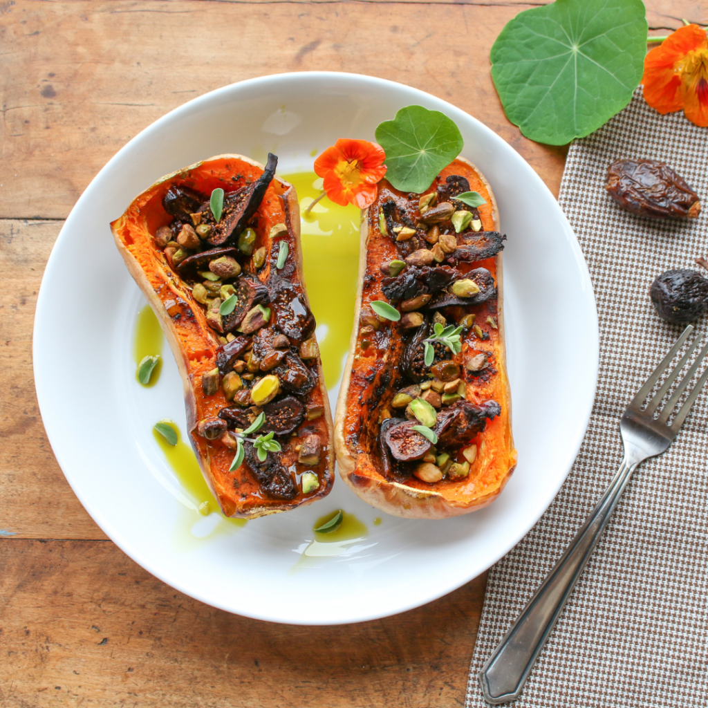 Roasted Butternut Squash with Dates Figs and Pistachios