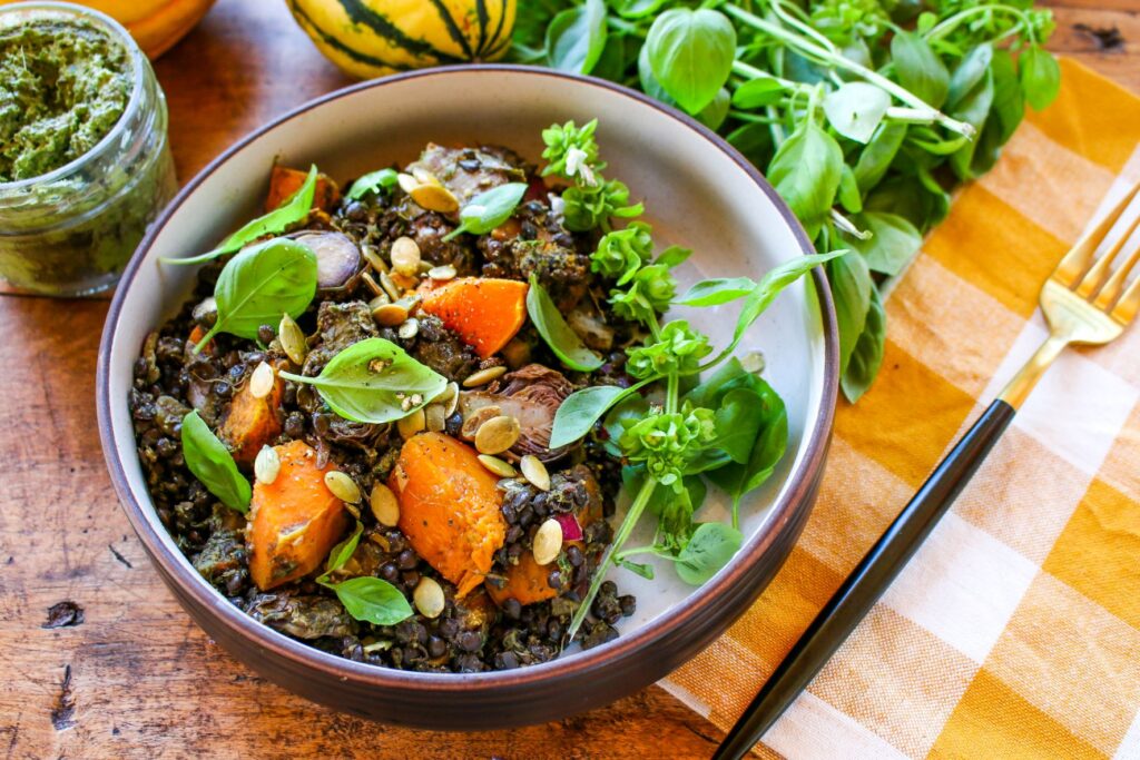 Black Lentil Pesto Salad with Butternut Squash and Brussels Sprouts 5